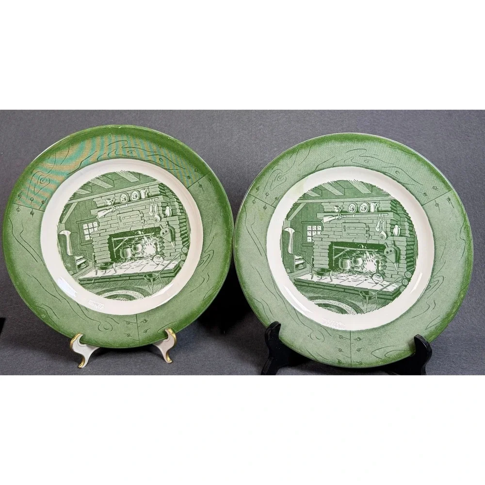 Royal China‎ Colonial Homestead Green Transferware Dinner Plates Set of 2 USA